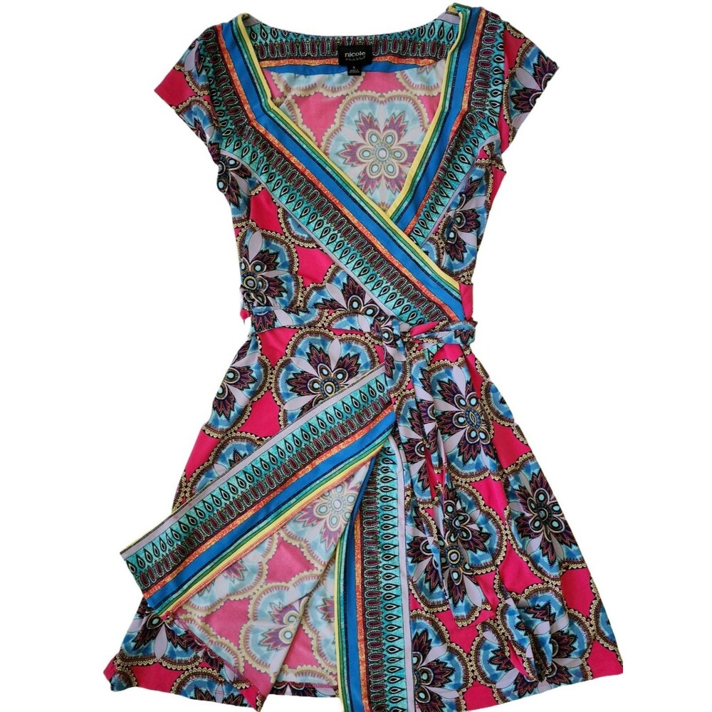 Nicole by Nicole Miller Wrap Mini Dress Women's S Colorful Stretch Deep V Neck
